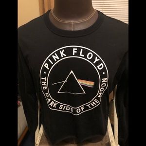 Woman’s long sleeve tee. Black and white. Pink, Yellow blue design. 21 inches L.